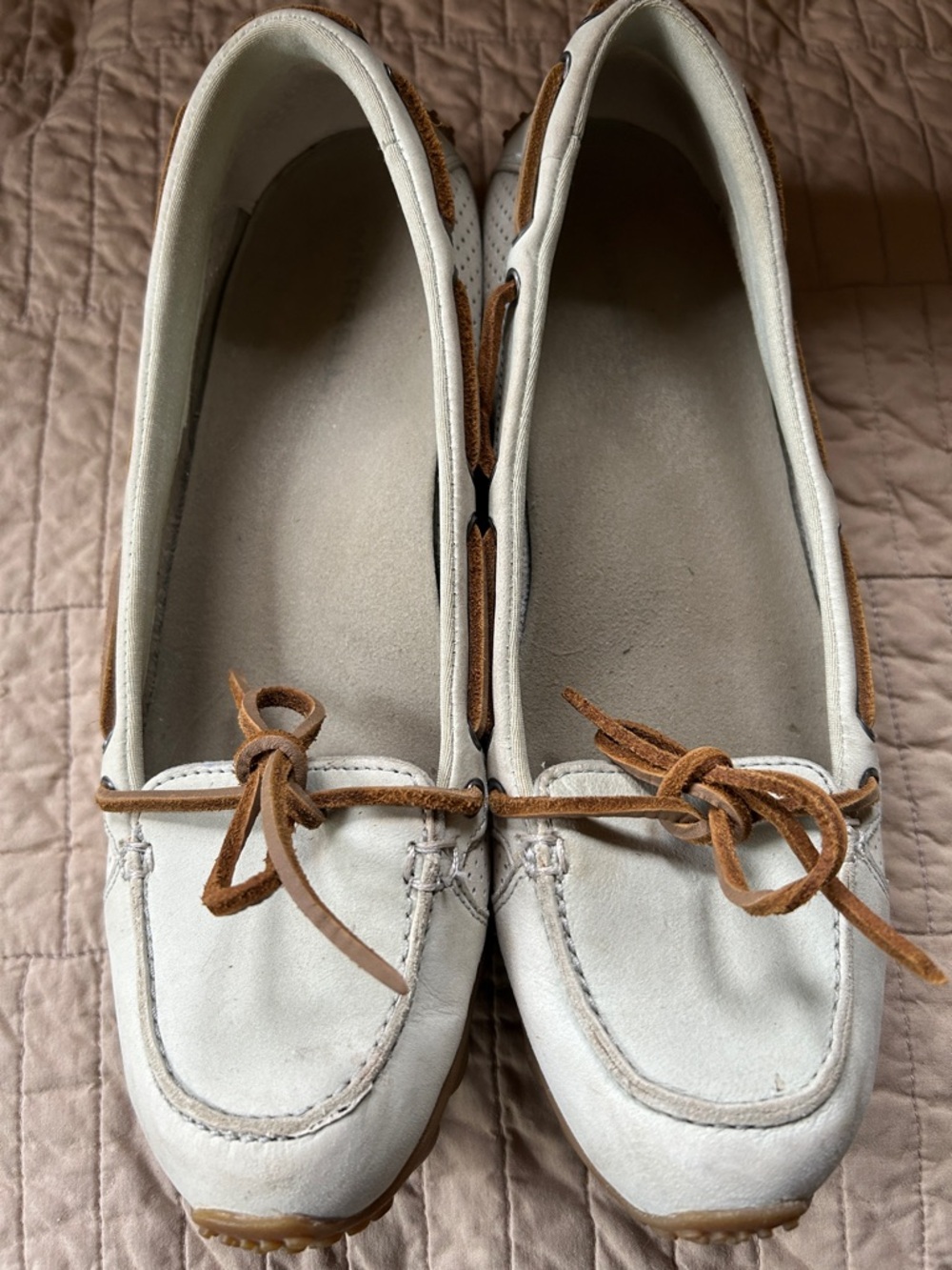 Women’s White Suede Driving Moccasins with Tan Lace Trim